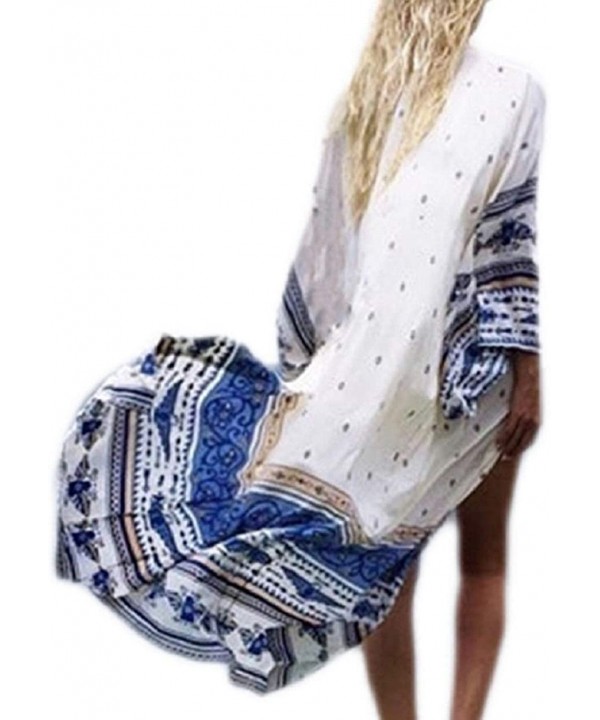 Women Sexy Print Open Front Kimono Cardigan Loose Beach Cover Up Dress - White and Blue - CC18GAOQTUA $22.24-Cover-Ups