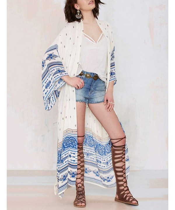 Women Sexy Print Open Front Kimono Cardigan Loose Beach Cover Up Dress - White and Blue - CC18GAOQTUA $22.24-Cover-Ups