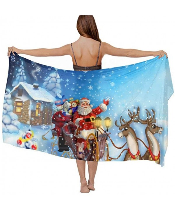 Women Girl Fashion Chiffon Scarf Bikini Cover Up Summer Beach Sarong Wrap - Christmas Drawing of Deer Sleigh of Santa Claus -...