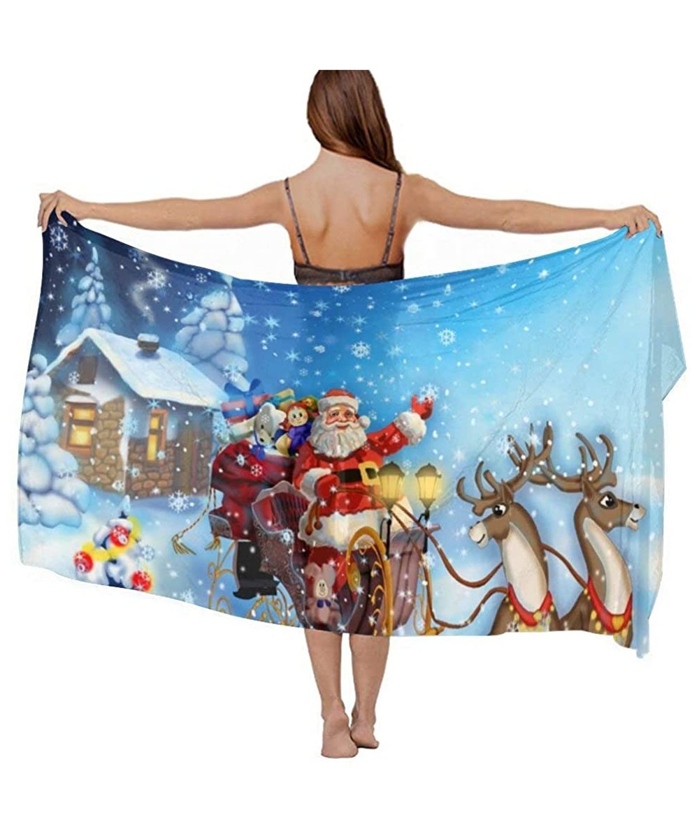 Women Girl Fashion Chiffon Scarf Bikini Cover Up Summer Beach Sarong Wrap - Christmas Drawing of Deer Sleigh of Santa Claus -...