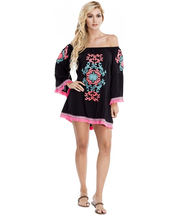 Women's Embroidered Tunic Swim Cover Up Casual Beach Wear Bohemian Hippie Dress by GOGA Swimwear Black - CG18A39MRO4 $28.53-C...