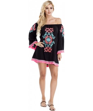 Women's Embroidered Tunic Swim Cover Up Casual Beach Wear Bohemian Hippie Dress by GOGA Swimwear Black - CG18A39MRO4 $28.53-C...