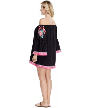 Women's Embroidered Tunic Swim Cover Up Casual Beach Wear Bohemian Hippie Dress by GOGA Swimwear Black - CG18A39MRO4 $28.53-C...