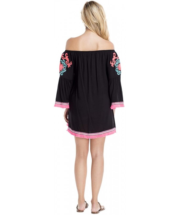 Women's Embroidered Tunic Swim Cover Up Casual Beach Wear Bohemian Hippie Dress by GOGA Swimwear Black - CG18A39MRO4 $28.53-C...