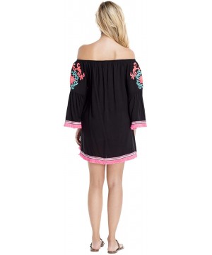 Women's Embroidered Tunic Swim Cover Up Casual Beach Wear Bohemian Hippie Dress by GOGA Swimwear Black - CG18A39MRO4 $28.53-C...