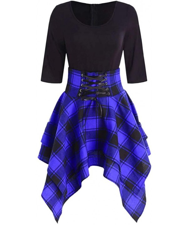 Fashion Women Casual O-Neck Waist Bandage Lace Up Tartan Plaid Print Asymmetric Mini Dress - Blue - C418R3C5HXR $19.70-Bottoms