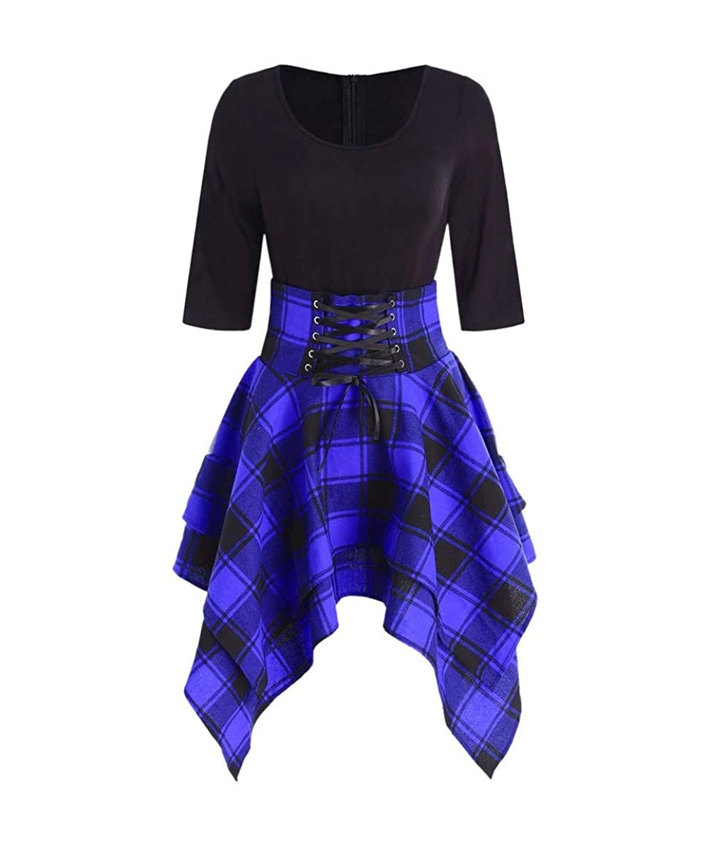 Fashion Women Casual O-Neck Waist Bandage Lace Up Tartan Plaid Print Asymmetric Mini Dress - Blue - C418R3C5HXR $19.70-Bottoms