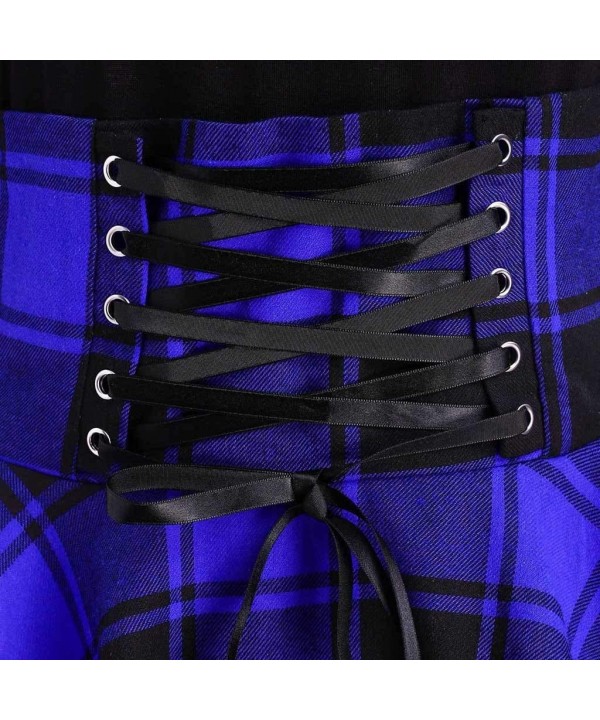 Fashion Women Casual O-Neck Waist Bandage Lace Up Tartan Plaid Print Asymmetric Mini Dress - Blue - C418R3C5HXR $19.70-Bottoms