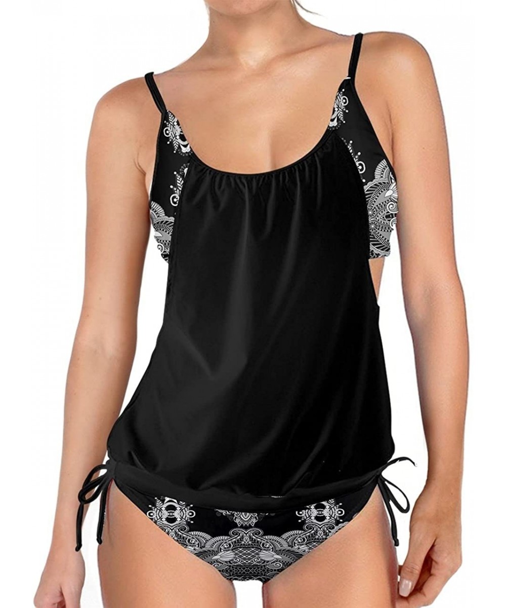 Womens Lined Up Tankini Top with Panty Two Pieces Swimsuit Swimwear Set- XS-3XL - Black Tribal - CB183REGREG $32.45-Tankinis