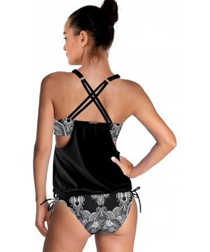 Womens Lined Up Tankini Top with Panty Two Pieces Swimsuit Swimwear Set- XS-3XL - Black Tribal - CB183REGREG $32.45-Tankinis