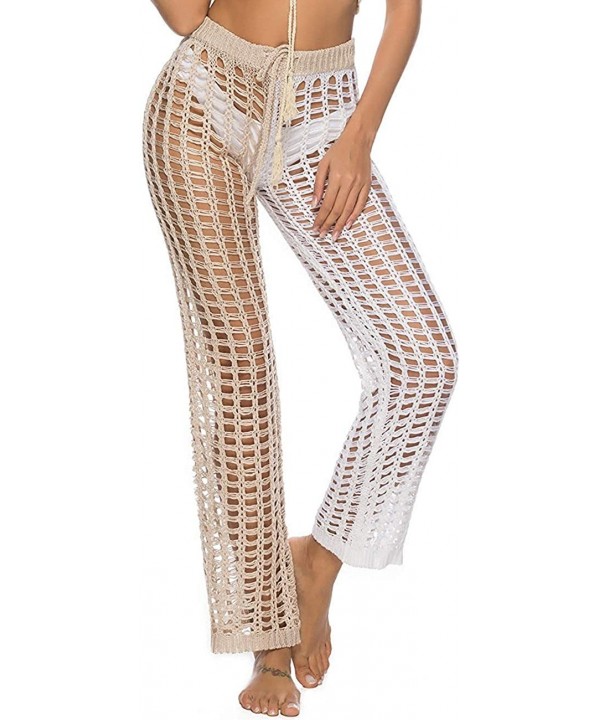 Womens Cover Up Pants Hollow Out Crochet High Waist Mesh Beach Bikini Swimsuits Pants - White Khaki 2 - CB18TUN9750 $15.28-Co...