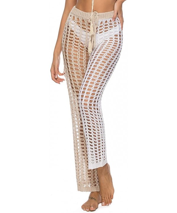 Womens Cover Up Pants Hollow Out Crochet High Waist Mesh Beach Bikini Swimsuits Pants - White Khaki 2 - CB18TUN9750 $15.28-Co...