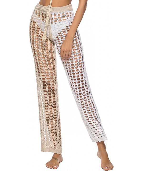 Womens Cover Up Pants Hollow Out Crochet High Waist Mesh Beach Bikini Swimsuits Pants - White Khaki 2 - CB18TUN9750 $15.28-Co...