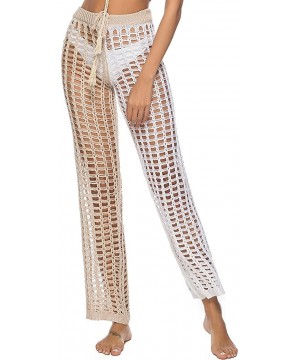 Womens Cover Up Pants Hollow Out Crochet High Waist Mesh Beach Bikini Swimsuits Pants - White Khaki 2 - CB18TUN9750 $15.28-Co...