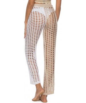 Womens Cover Up Pants Hollow Out Crochet High Waist Mesh Beach Bikini Swimsuits Pants - White Khaki 2 - CB18TUN9750 $15.28-Co...