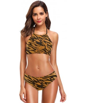 Tiger Skin Print Bikini Swimsuit Womens High Neck Halter Two Piece Bathing Suit - C418QC2I49U $24.75-Sets