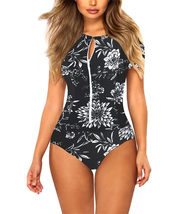 Women's Zip Up Short Sleeve Leaf Floral Print One Piece Rash Guard - Black - CU18DH9R2A7 $22.72-Rash Guards