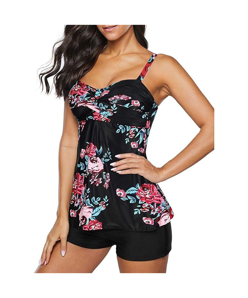 Swimsuits for Women Flounce Printed Bathing Suits Two Piece Tankini with Boyshorts Slimming Swimwear Black Red Flower - C8196...