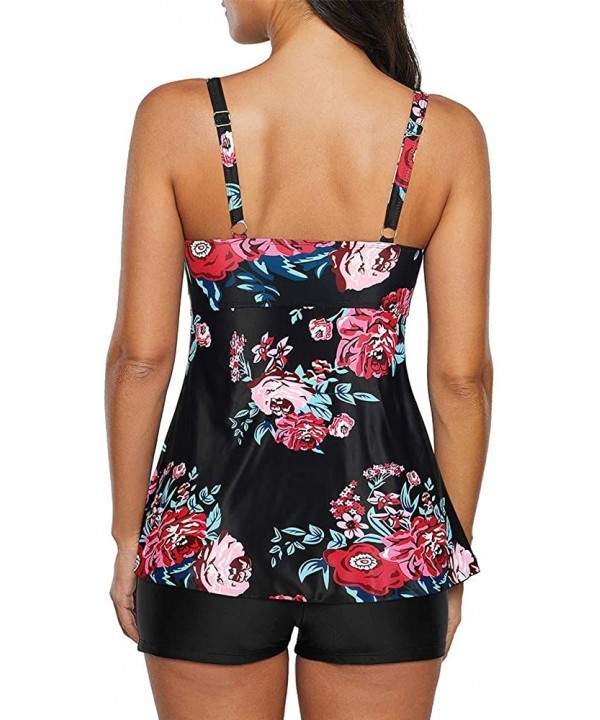 Swimsuits for Women Flounce Printed Bathing Suits Two Piece Tankini with Boyshorts Slimming Swimwear Black Red Flower - C8196...