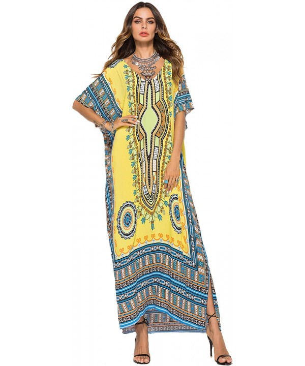 Women's White Ethnic Print Kaftan Maxi Dress Summer Beach Dress - Light Yellow - C818GNGG39O $23.12-Cover-Ups