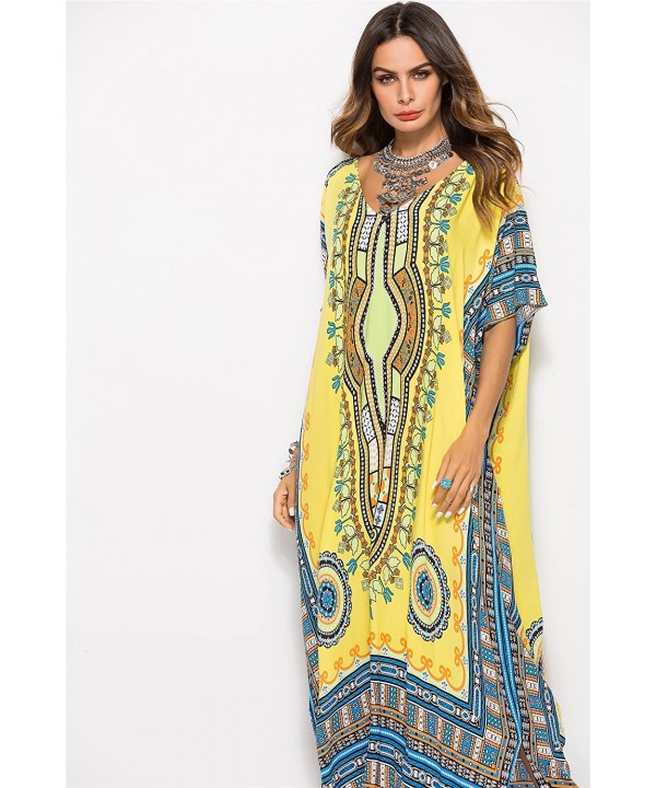 Women's White Ethnic Print Kaftan Maxi Dress Summer Beach Dress - Light Yellow - C818GNGG39O $23.12-Cover-Ups