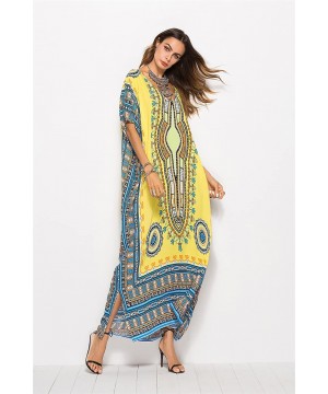 Women's White Ethnic Print Kaftan Maxi Dress Summer Beach Dress - Light Yellow - C818GNGG39O $23.12-Cover-Ups