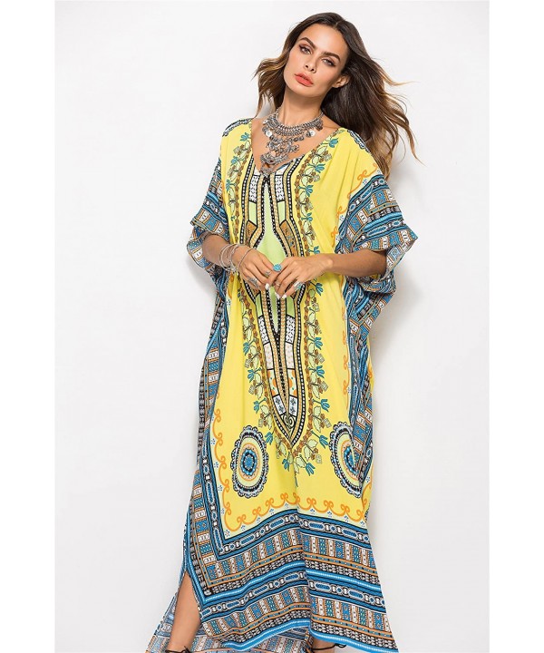 Women's White Ethnic Print Kaftan Maxi Dress Summer Beach Dress - Light Yellow - C818GNGG39O $23.12-Cover-Ups