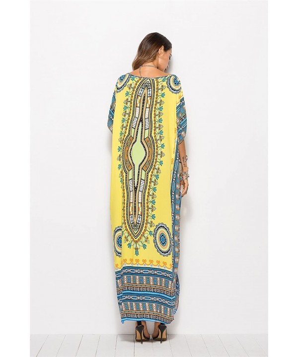 Women's White Ethnic Print Kaftan Maxi Dress Summer Beach Dress - Light Yellow - C818GNGG39O $23.12-Cover-Ups