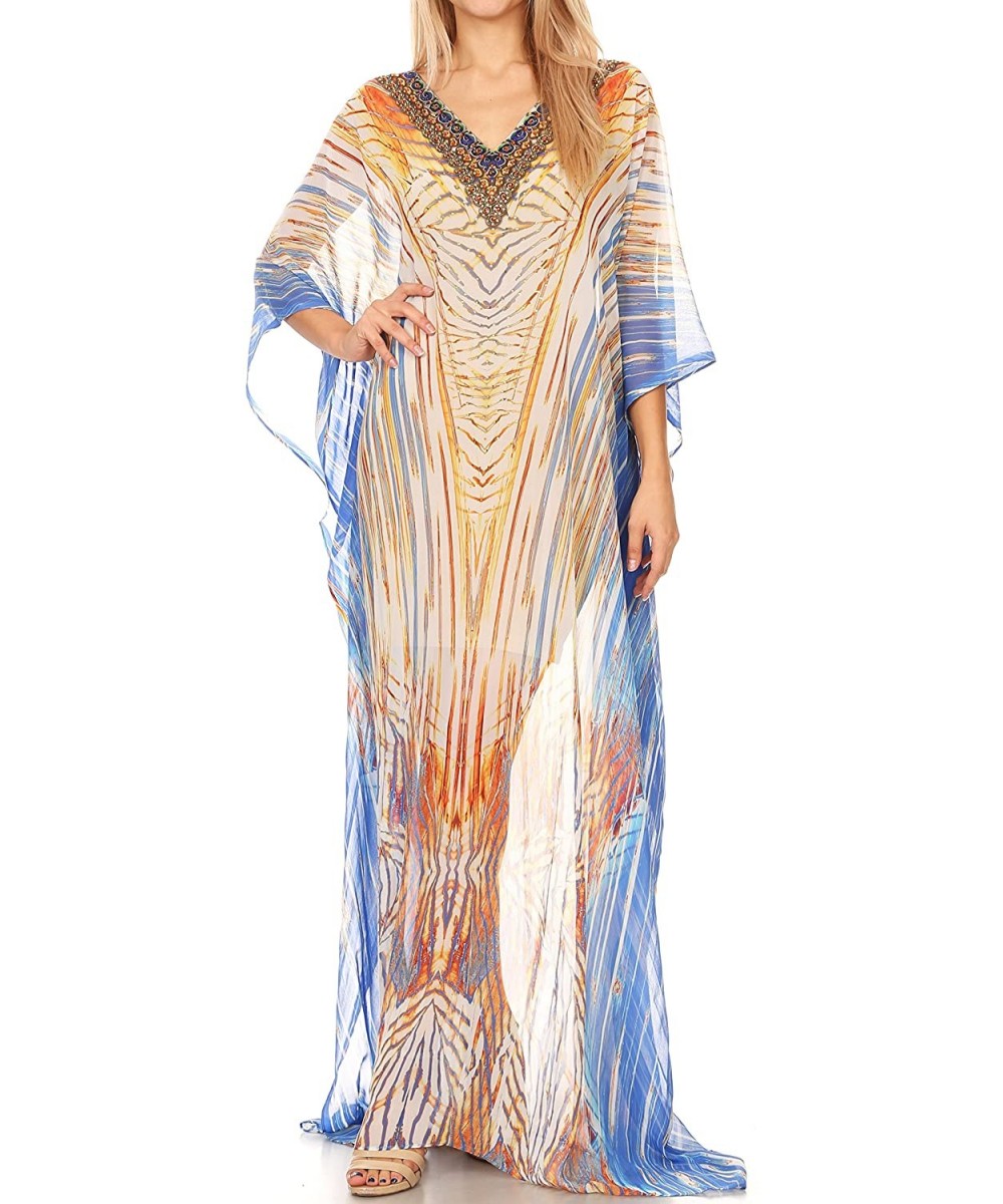 Wilder Printed Design Long Sheer Rhinestone Caftan Dress/Cover Up - 17163-whiteturq - CZ1850T9HYW $50.20-Cover-Ups