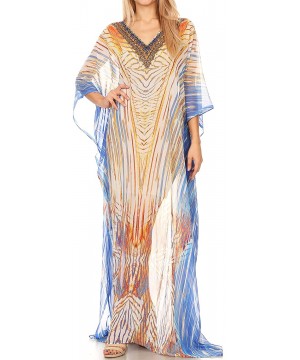 Wilder Printed Design Long Sheer Rhinestone Caftan Dress/Cover Up - 17163-whiteturq - CZ1850T9HYW $50.20-Cover-Ups