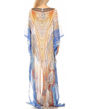 Wilder Printed Design Long Sheer Rhinestone Caftan Dress/Cover Up - 17163-whiteturq - CZ1850T9HYW $50.20-Cover-Ups