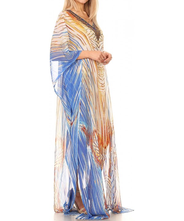 Wilder Printed Design Long Sheer Rhinestone Caftan Dress/Cover Up - 17163-whiteturq - CZ1850T9HYW $50.20-Cover-Ups