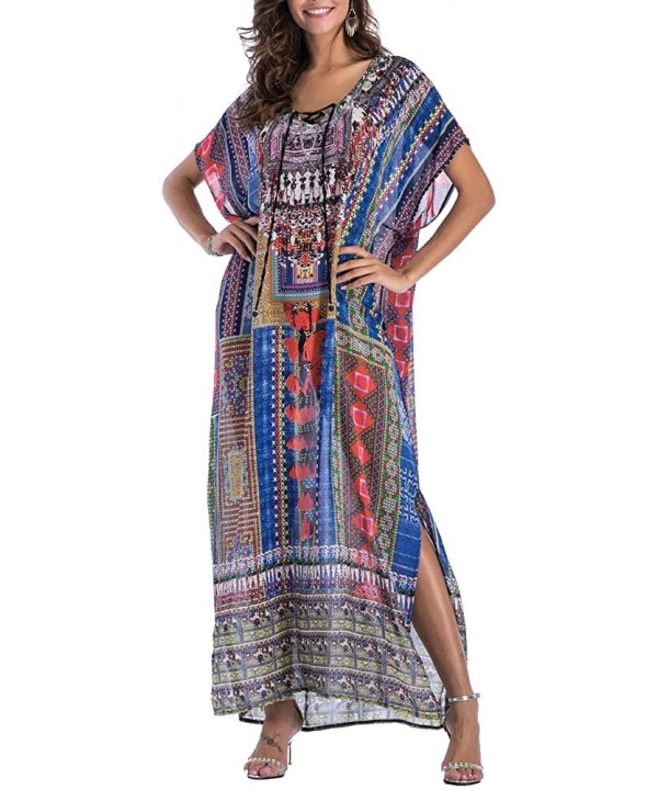 Women's White Ethnic Print Kaftan Maxi Dress Summer Beach Dress - Beauty 8 - C318D9I755W $19.91-Cover-Ups