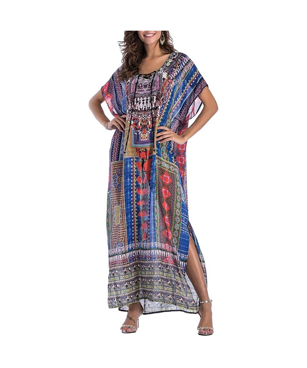 Women's White Ethnic Print Kaftan Maxi Dress Summer Beach Dress - Beauty 8 - C318D9I755W $19.91-Cover-Ups