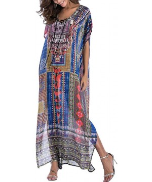 Women's White Ethnic Print Kaftan Maxi Dress Summer Beach Dress - Beauty 8 - C318D9I755W $19.91-Cover-Ups