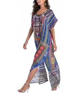 Women's White Ethnic Print Kaftan Maxi Dress Summer Beach Dress - Beauty 8 - C318D9I755W $19.91-Cover-Ups