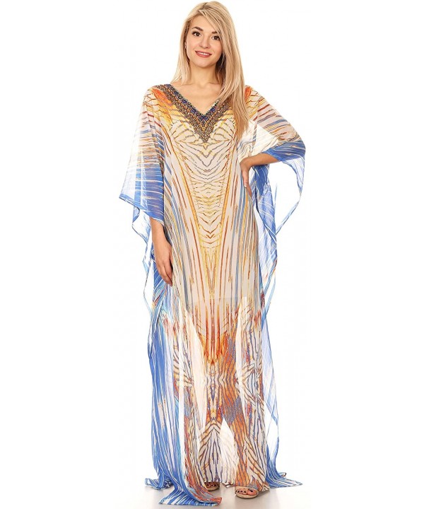 Wilder Printed Design Long Sheer Rhinestone Caftan Dress/Cover Up - 17163-whiteturq - CZ1850T9HYW $50.20-Cover-Ups