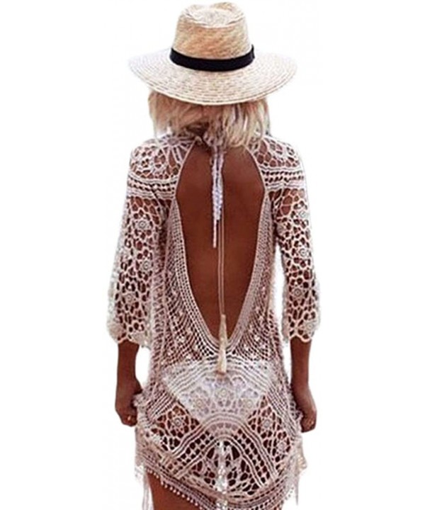 Women White Sheer Crochet Open Back Beachwear Cover Up One Piece - CT17XMM84MX $19.30-Cover-Ups