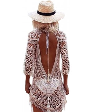 Women White Sheer Crochet Open Back Beachwear Cover Up One Piece - CT17XMM84MX $19.30-Cover-Ups