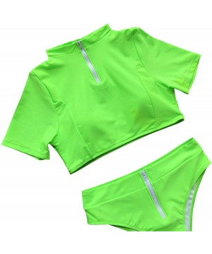 Women's Zipper Rash Guard Short Sleeve Bathing Suits High Waist 2 Piece Sporty Bikini Belly Shirt Top Fluorescent Green - CE1...