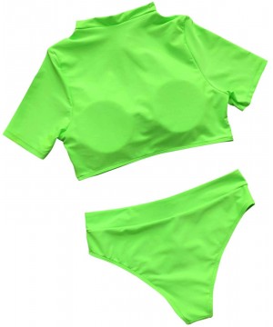 Women's Zipper Rash Guard Short Sleeve Bathing Suits High Waist 2 Piece Sporty Bikini Belly Shirt Top Fluorescent Green - CE1...