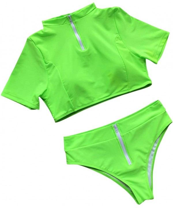 Women's Zipper Rash Guard Short Sleeve Bathing Suits High Waist 2 Piece Sporty Bikini Belly Shirt Top Fluorescent Green - CE1...