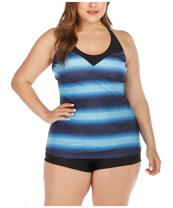 Women's Plus Size Rash Guard Tankini Athletic Swimwear Gradient Stripe Two Piece Swimsuit Bathing Suit - 01 Blue - C4196GRHAD...