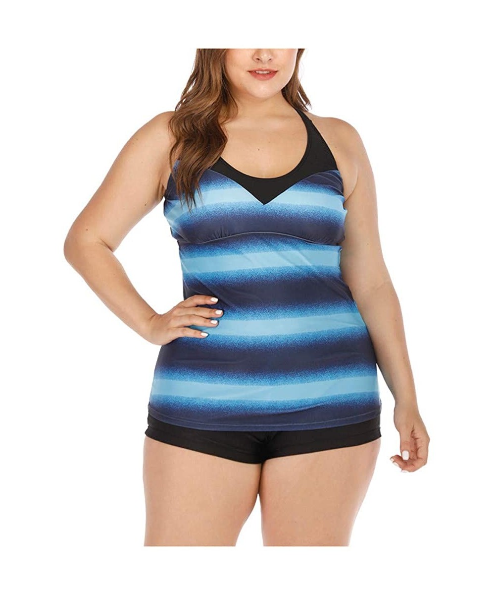 Women's Plus Size Rash Guard Tankini Athletic Swimwear Gradient Stripe Two Piece Swimsuit Bathing Suit - 01 Blue - C4196GRHAD...