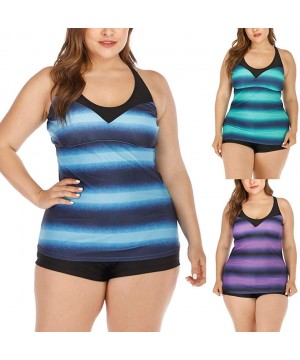 Women's Plus Size Rash Guard Tankini Athletic Swimwear Gradient Stripe Two Piece Swimsuit Bathing Suit - 01 Blue - C4196GRHAD...