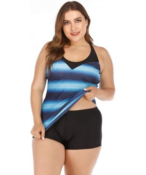 Women's Plus Size Rash Guard Tankini Athletic Swimwear Gradient Stripe Two Piece Swimsuit Bathing Suit - 01 Blue - C4196GRHAD...