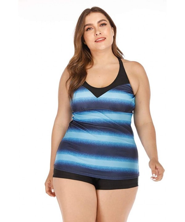 Women's Plus Size Rash Guard Tankini Athletic Swimwear Gradient Stripe Two Piece Swimsuit Bathing Suit - 01 Blue - C4196GRHAD...