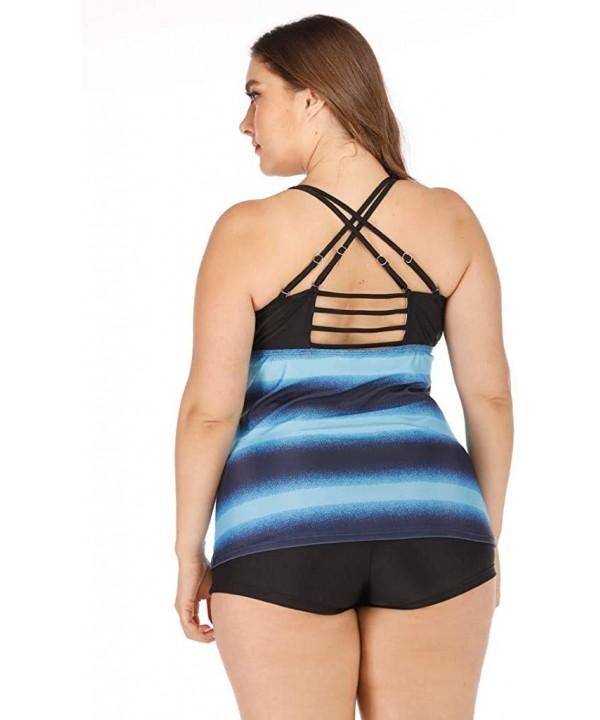 Women's Plus Size Rash Guard Tankini Athletic Swimwear Gradient Stripe Two Piece Swimsuit Bathing Suit - 01 Blue - C4196GRHAD...