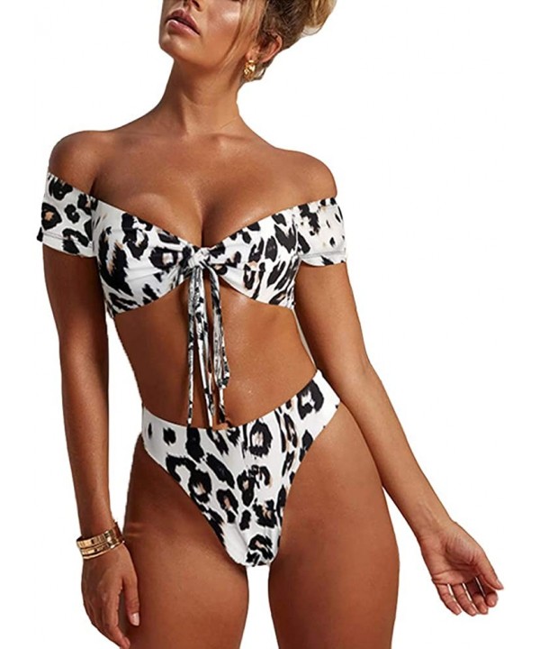 Women Off The Shoulder Leopard Print Beach Bathing Suit Bandeau Straps Lace Up High Waist 2 Piece Bikini Set - White Leopard ...