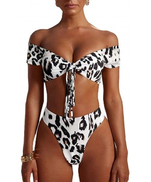 Women Off The Shoulder Leopard Print Beach Bathing Suit Bandeau Straps Lace Up High Waist 2 Piece Bikini Set - White Leopard ...